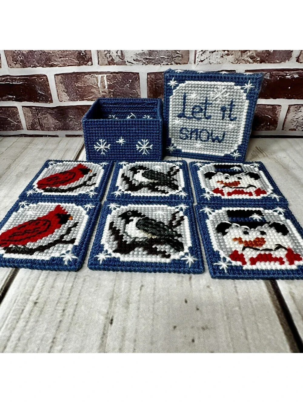 Vintage “Let It Snow” Handmade Coasters and Holder Plastic Canvas Set of 6